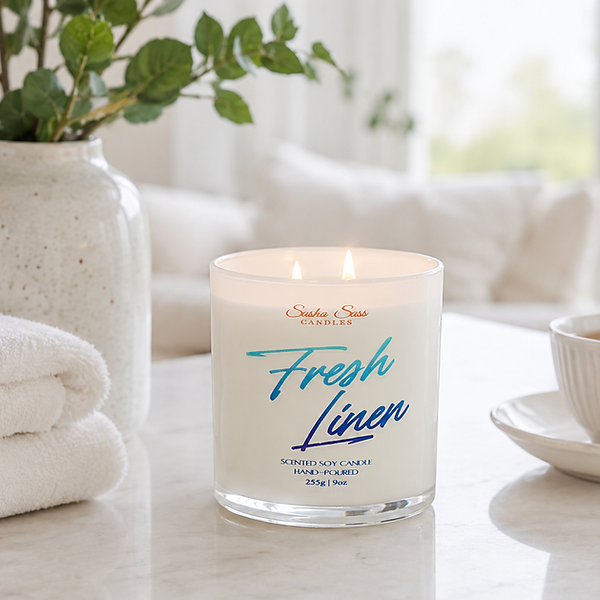 Fresh Linen 9 oz soy candle lit with two wicks for clean home fragrance