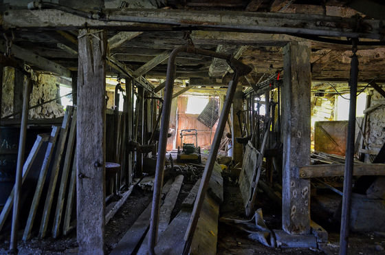 Dark, deteriorating timber interior with daylight beyond rows of posts.