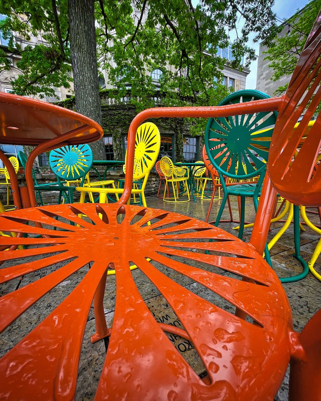 Raindrops on a close orange sunburst chair with colorful terrace chairs beneath trees behind.