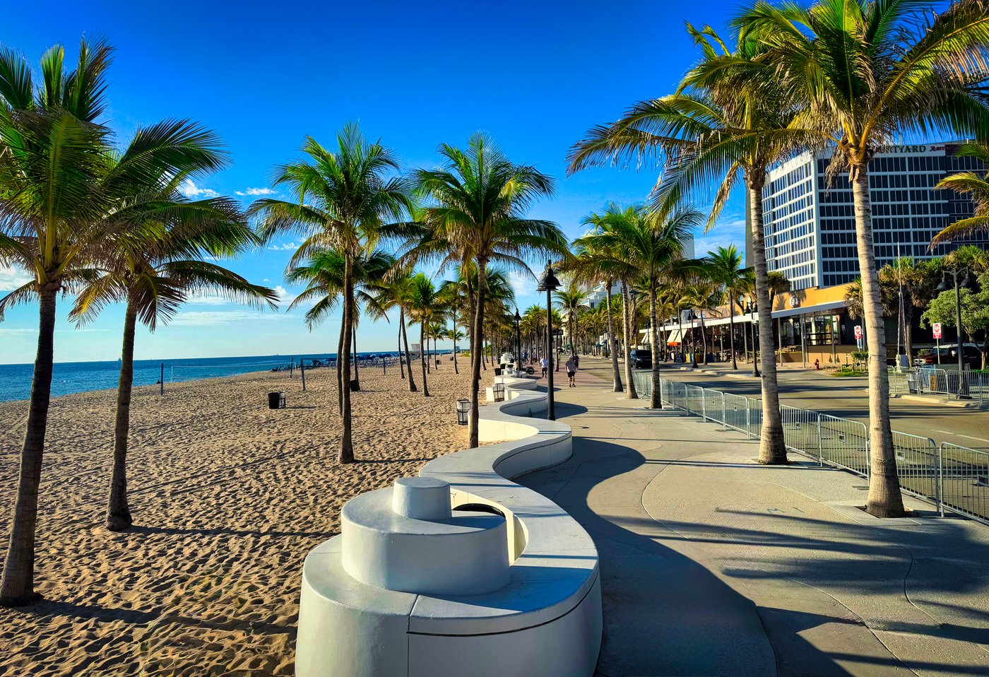 Palm-Lined Promenade: Fort Lauderdale Palm-lined beachfront promenade with a curved white wall.