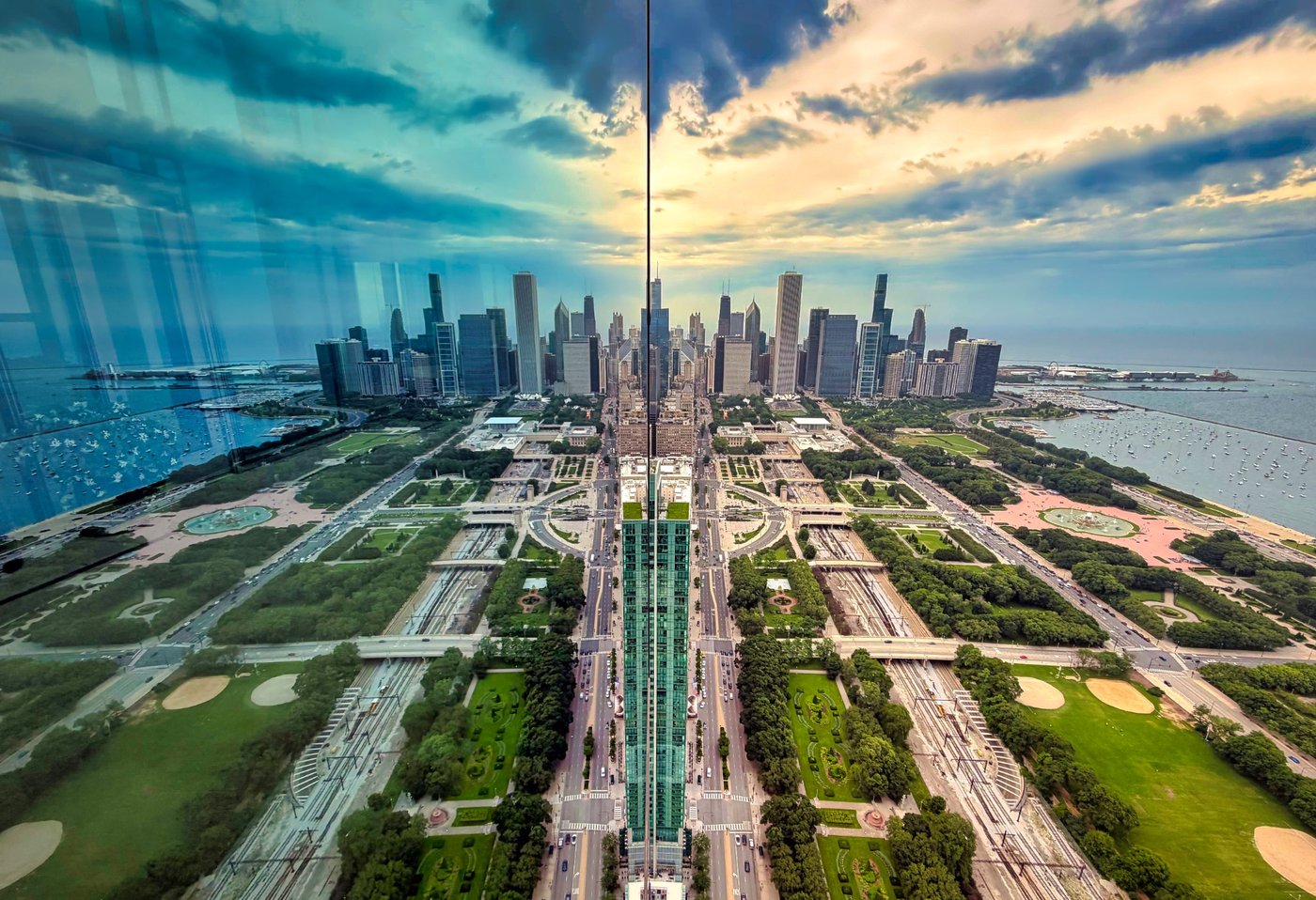 The City at the Seam Painted Chicago skyline panorama on a wall with a central vertical seam.