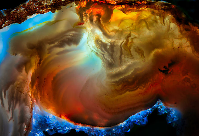 Amber-banded mineral section with blue edges and a dark branching inclusion.