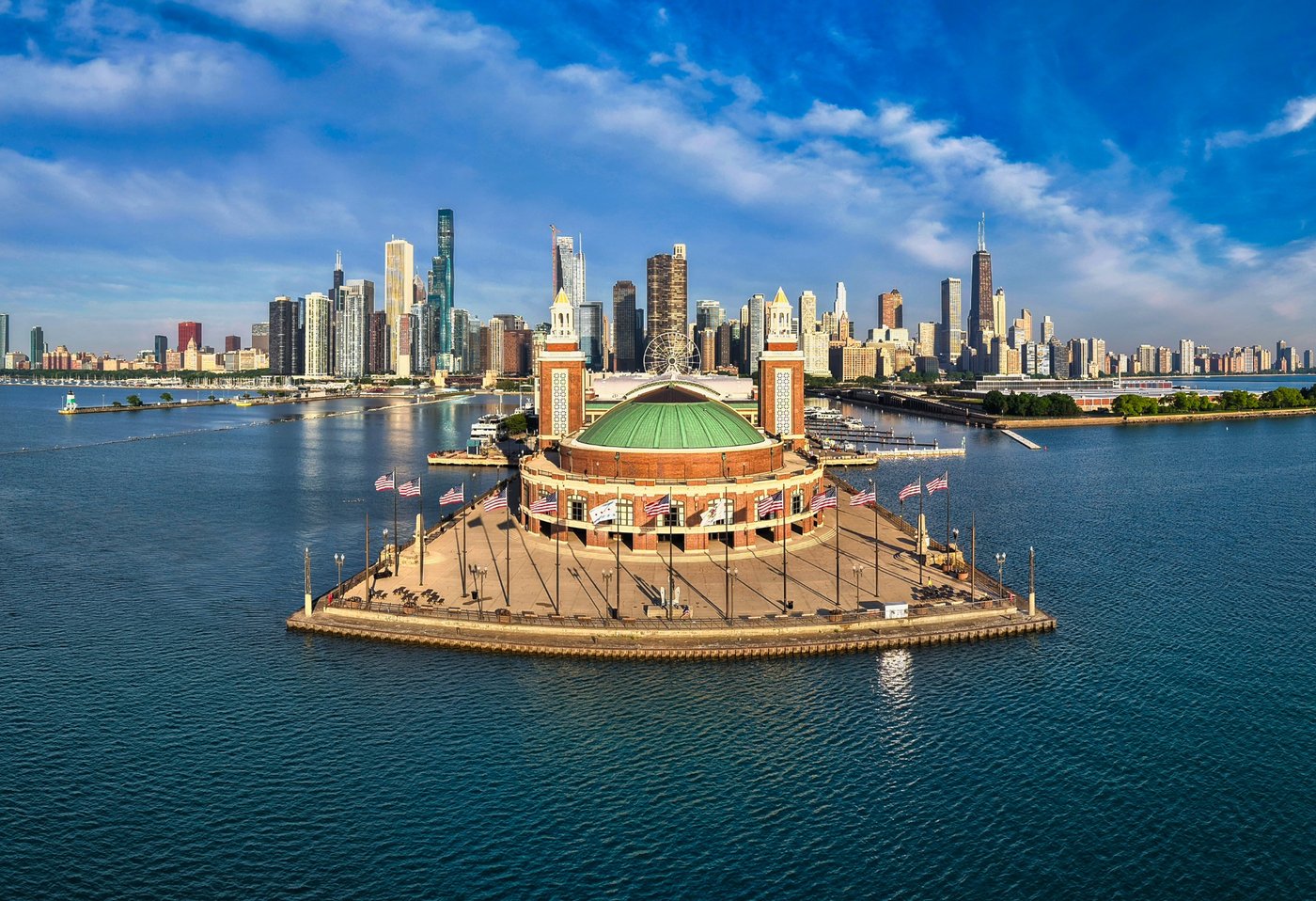 At the Pier's End Rounded pavilion at the end of Navy Pier with open water and the Chicago skyline.