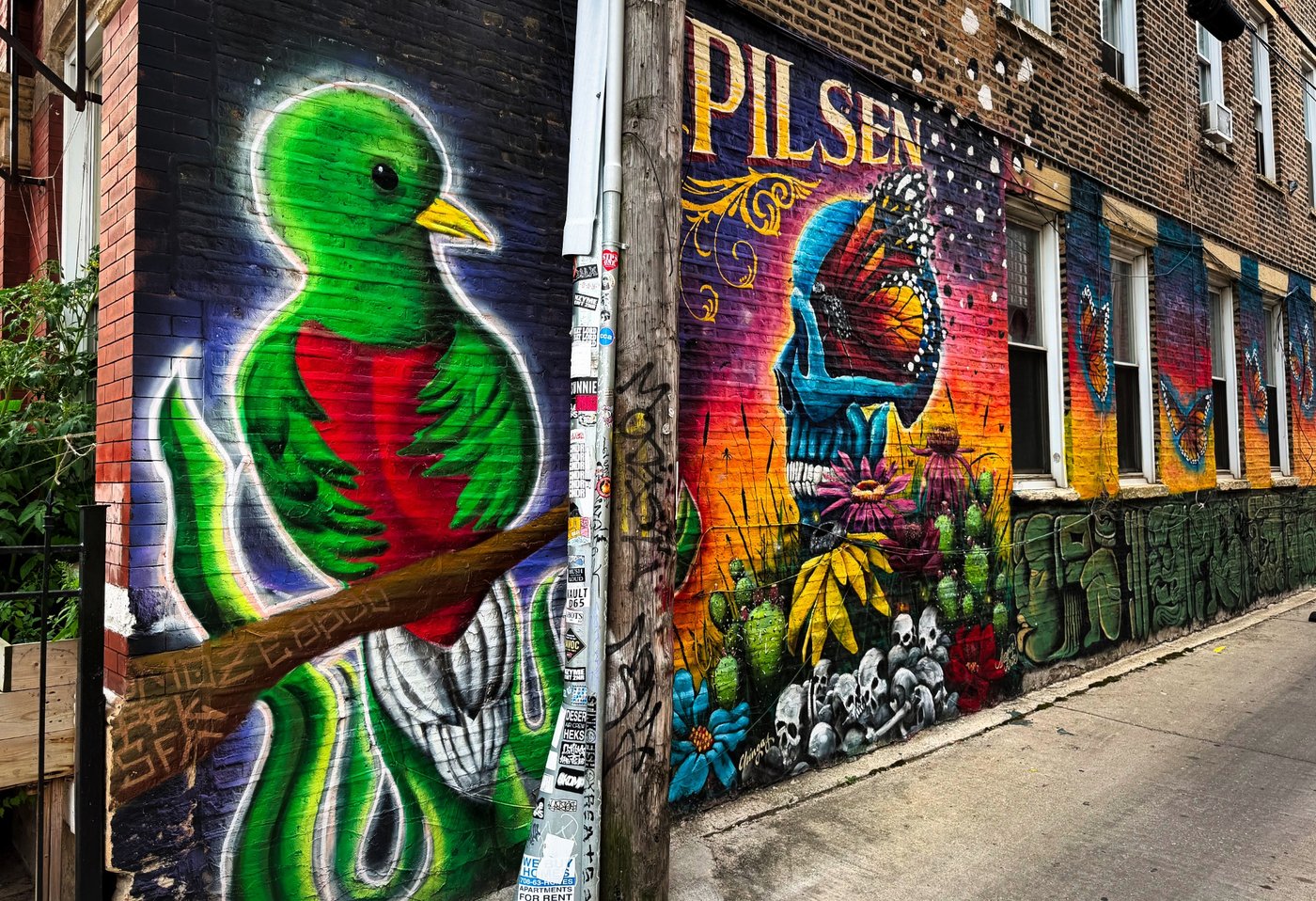 Pilsen Perch Colorful bird mural with Pilsen lettering painted on a brick wall beside a sidewalk.