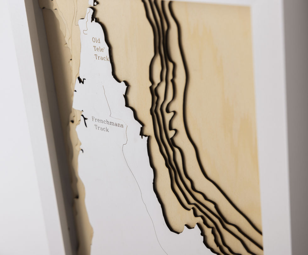 Closeup of a 3D wooden topographic and bathymetric map of Cape York, Queensland and the Old Telegraph Track
