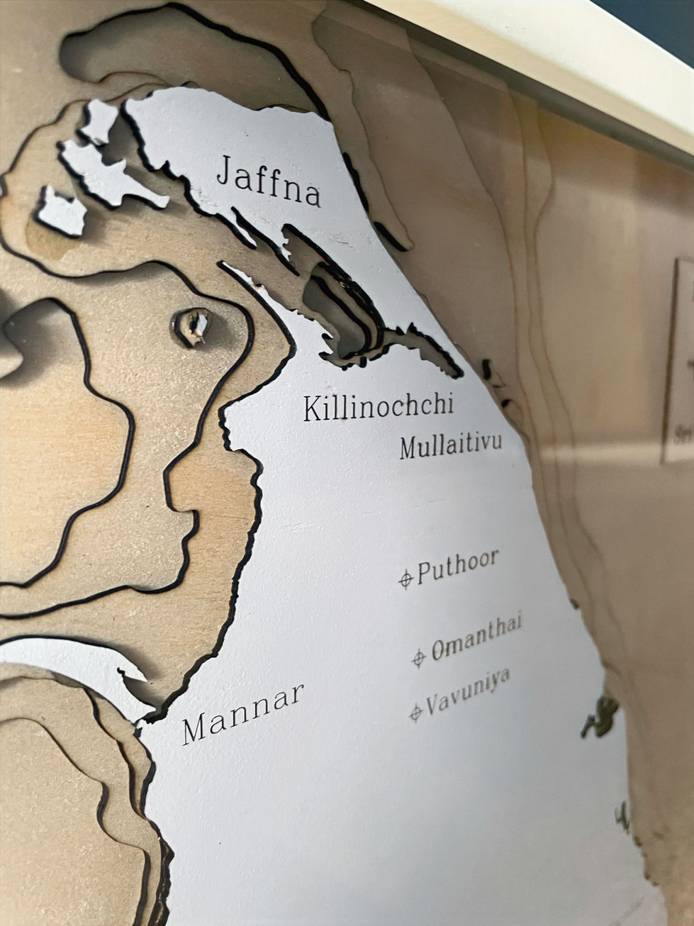 Angled view of a 3D wooden topographic and bathymetric map of Sri Lanka