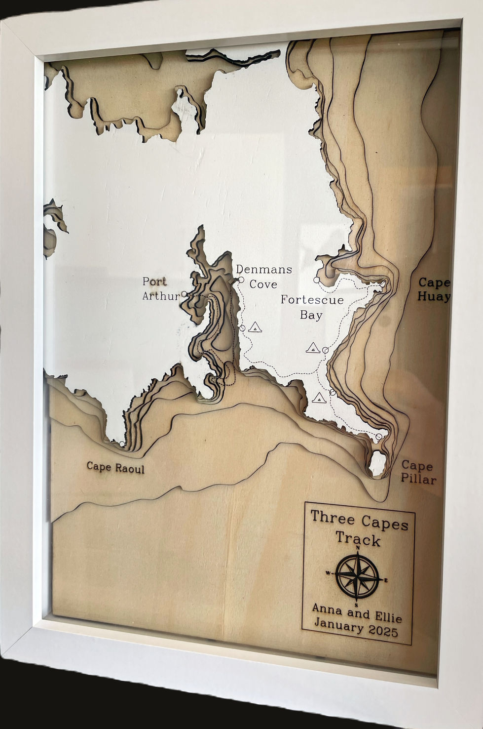 3D wooden topographic and bathymetric map of the Three Capes walk in Tasmania