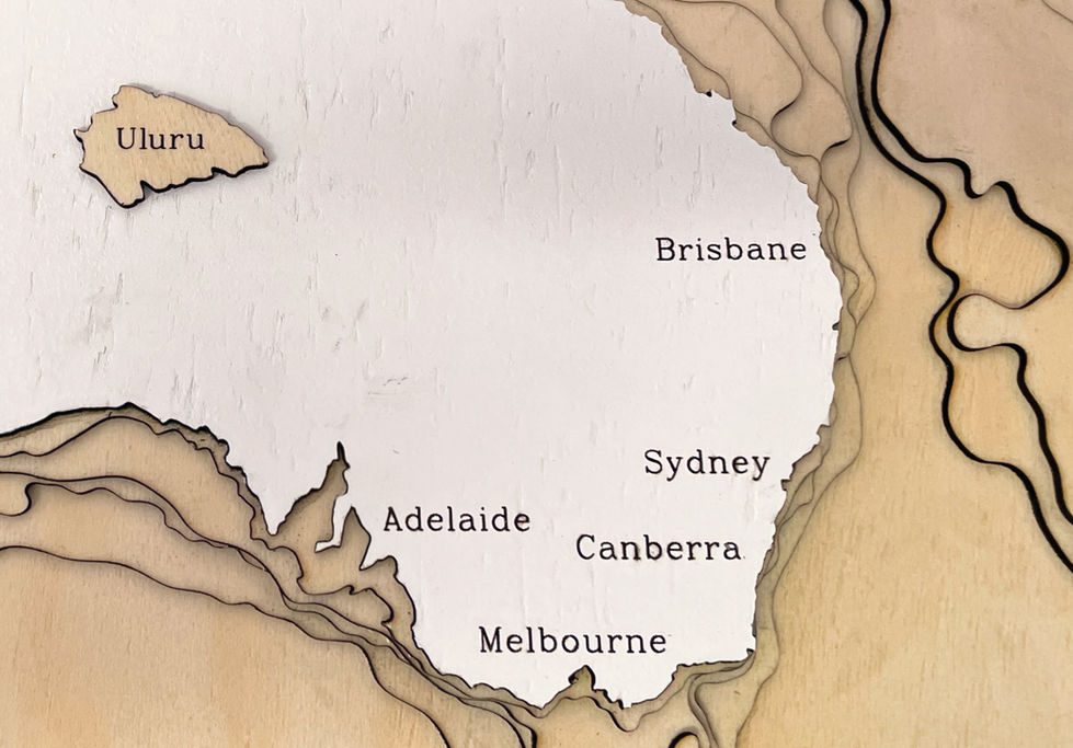 Closeup of the East coast of a 3D wooden topographic and bathymetric map of Australia