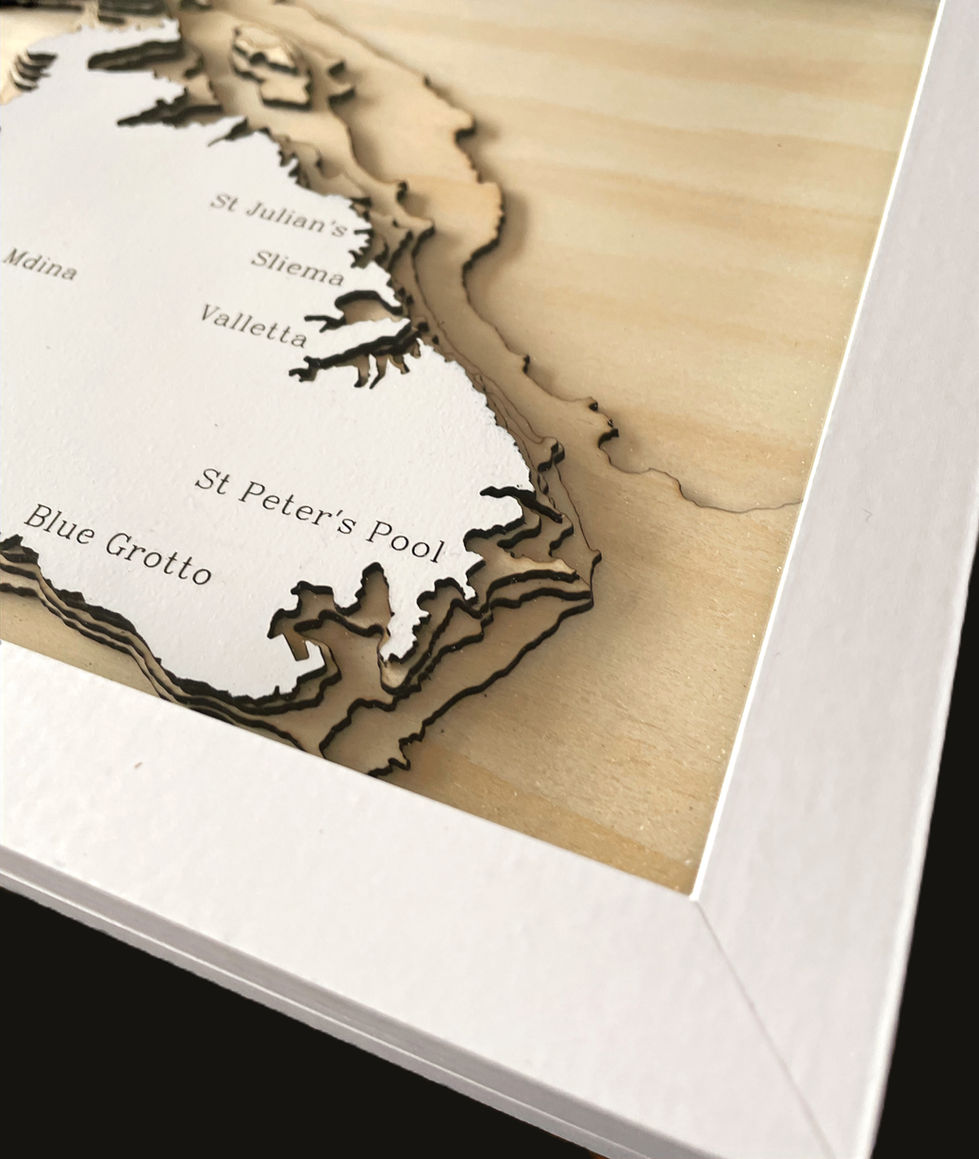 Angled close up of a 3D wooden topographic and bathymetric map of Malta