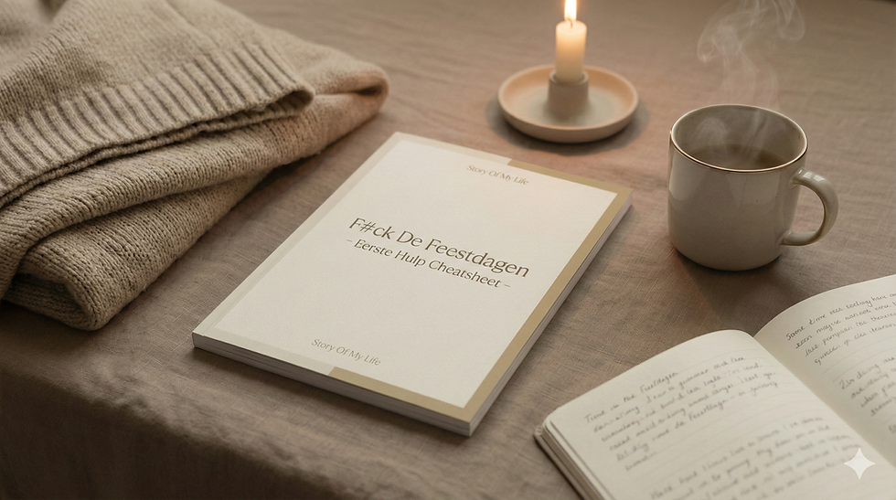 Minimalistische productfoto van de 'F#ck De Feestdagen - Eerste Hulp Cheatsheet' in A4-formaat. Warme, beige en taupe tinten met een gebreide deken, dampende mok en zacht kaarslicht. De setting straalt rust en comfort uit.