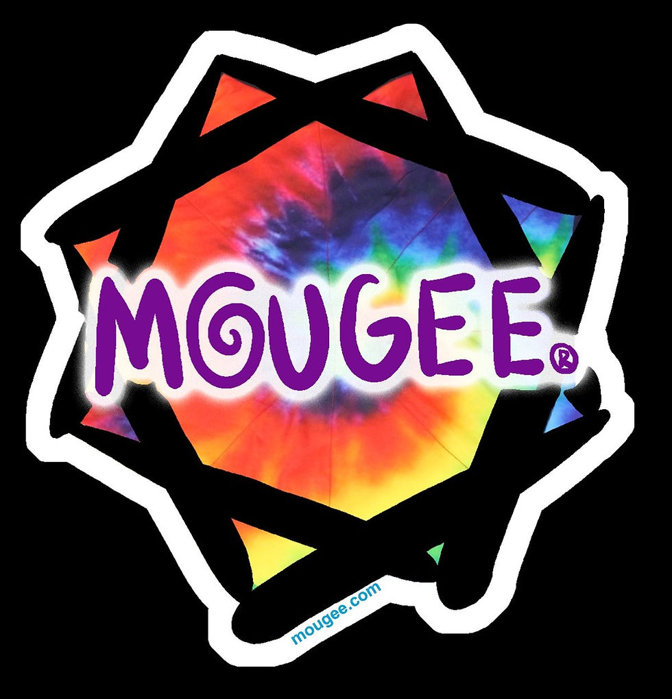 MOUGEE® logo, purple text, tie-dye star background