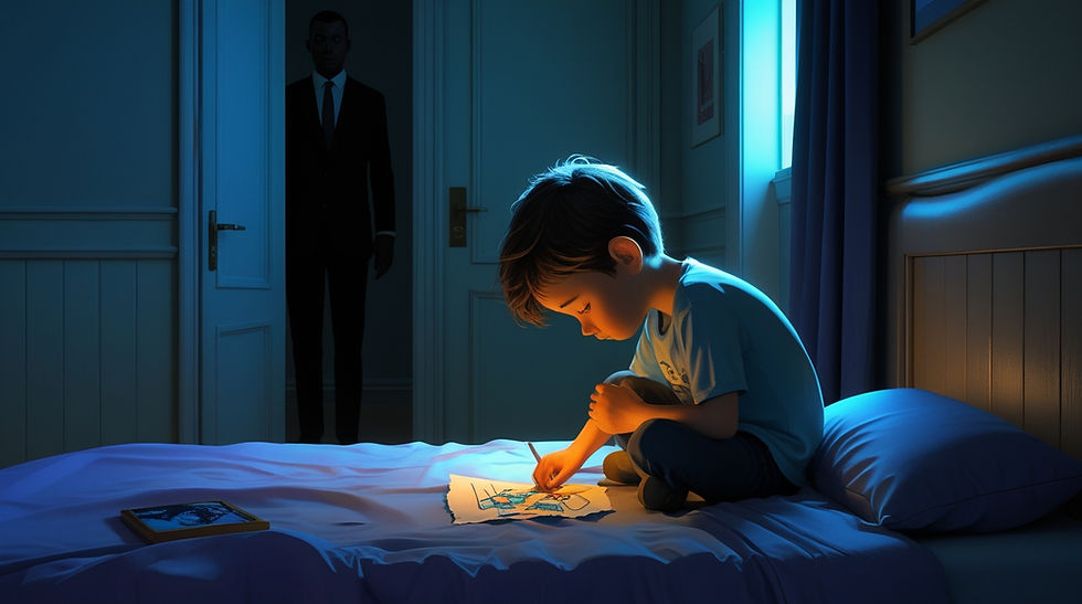 A sad child sits alone on a bed holding a crumpled drawing, with a strict parent’s shadow visible through the door. The room is quiet but emotionally tense, symbolizing the hidden cost of forced obedience in parenting.