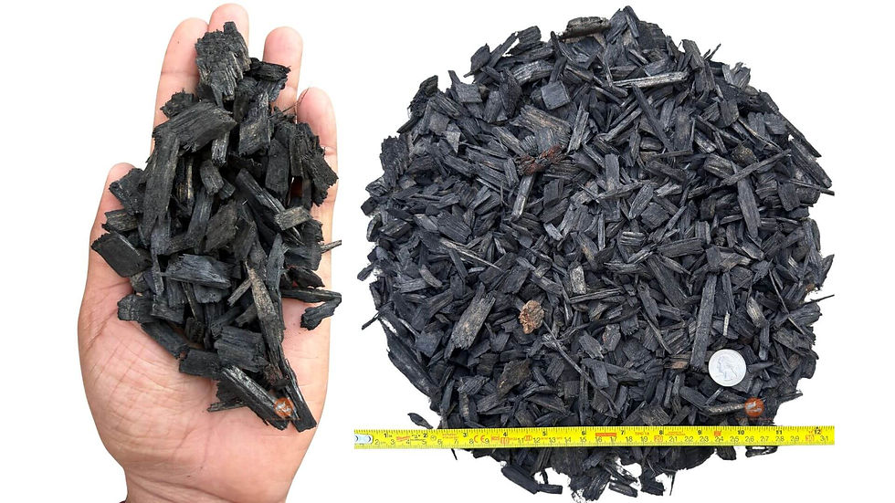 Thumbnail: Black woodchips mulch size comparison in hand showing chunky 3/4 inch pieces for landscaping