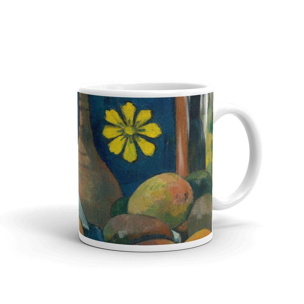 White glossy mug. "Still Life with Teapot & Fruit" (detail)(1896). Paul Gauguin.
