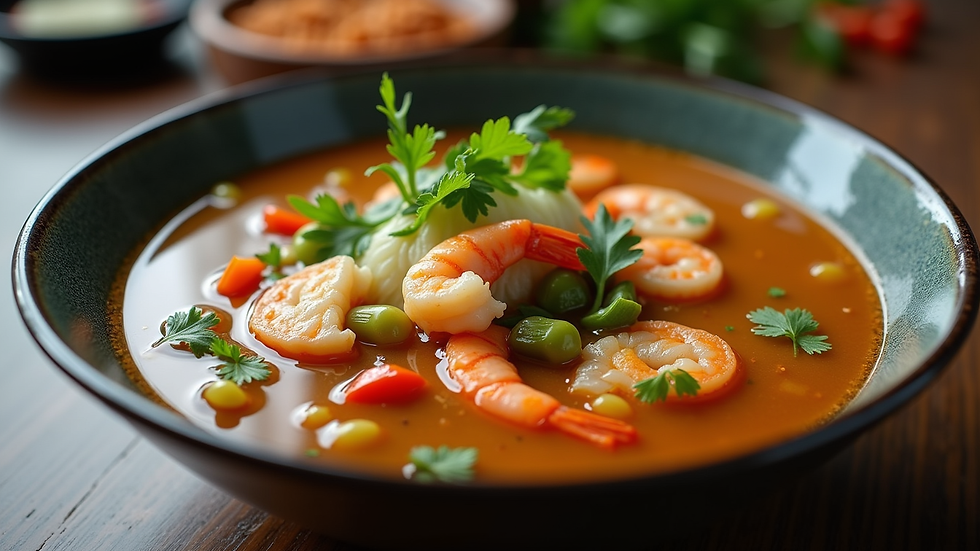 Close-up view of a bowl of sinigang soup with vegetables and shrimp