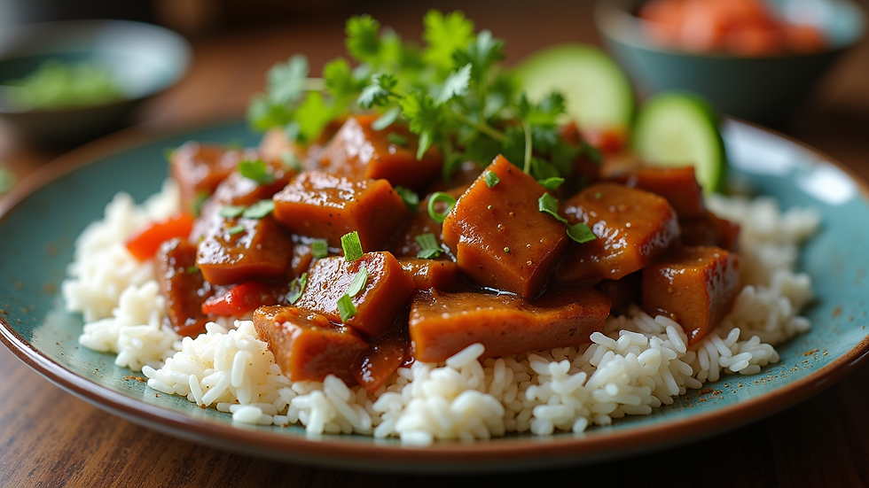 Close-up view of a platter of Filipino Adobo with rice