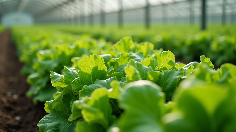 Close-up view of fresh green leafy vegetables in a vertical farm