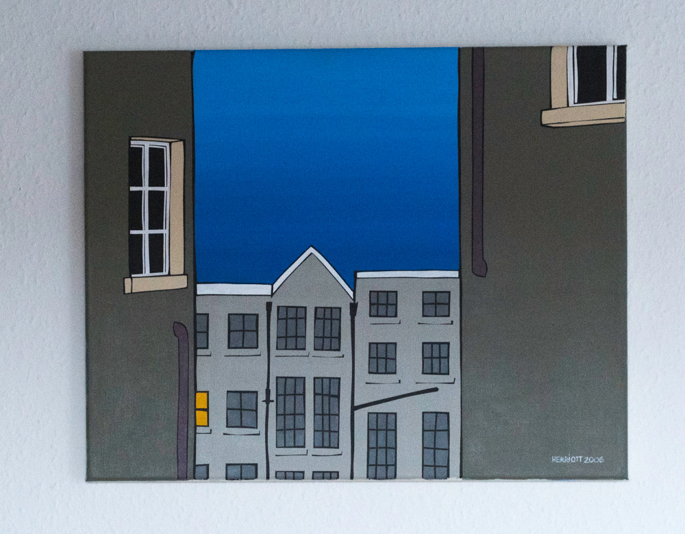 View of houses from alleyway. 40x50.