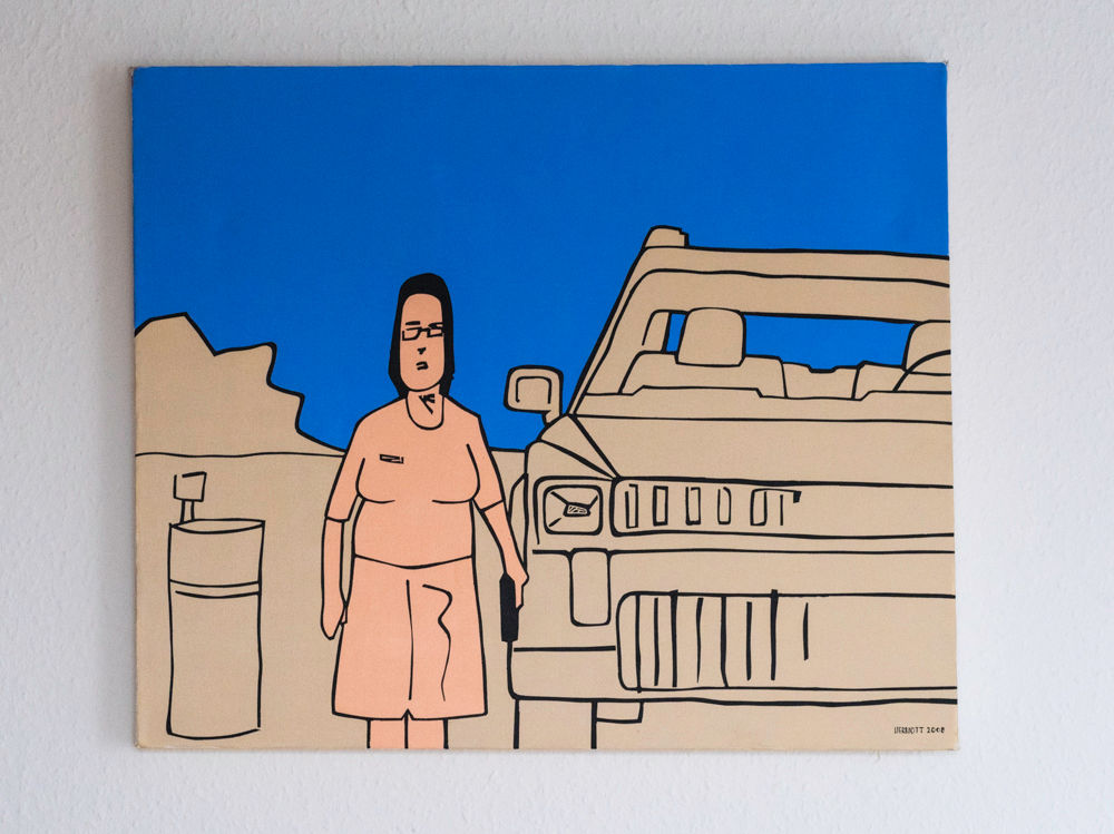 Woman and vehicle. 60 x 50
