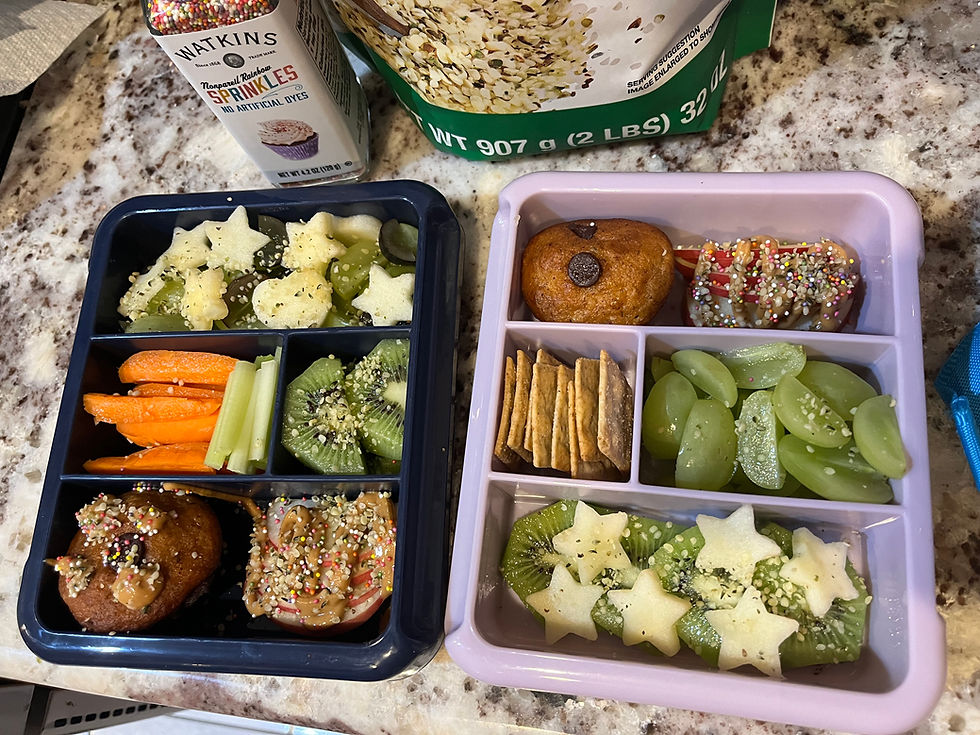 Snack bento boxes with muffins, fruits, veggies, and dye free sprinkles.