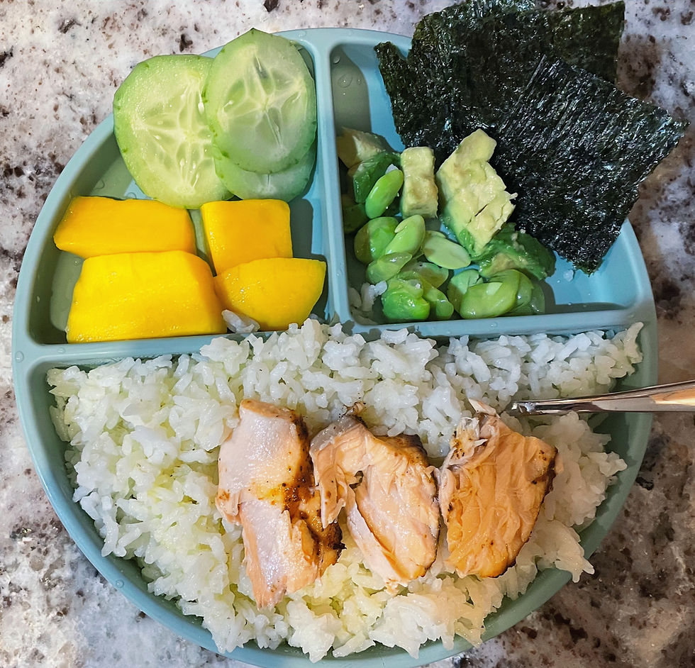 "Coconut milk rice" with salmon, avocado, edamame, mango, cucumber, and seaweed.