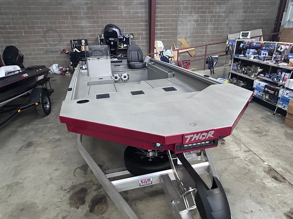 Front view of a Thor duck boat, showcasing its rugged Anvil Hull design.