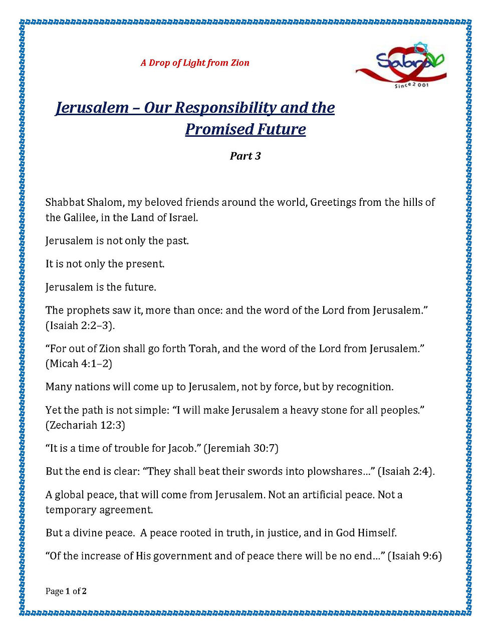 Jerusalem – Our Responsibility and the Promised Future