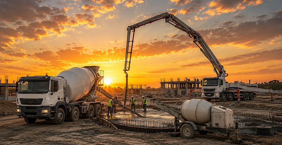 Concrete mixer truck and concrete pump at a construction site