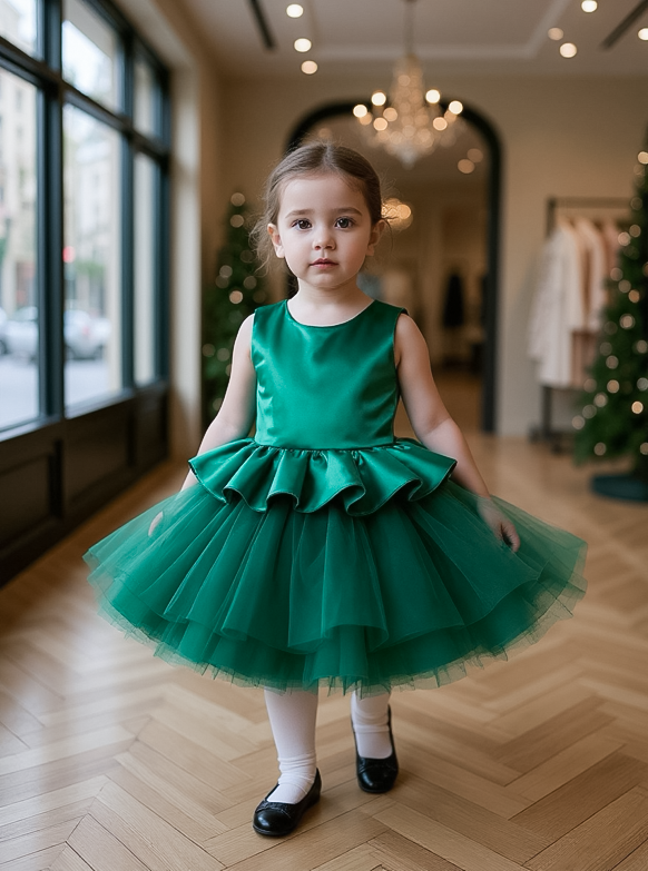 Miniatura: Vestido verde de ballet con falda de tul y lazo rojo