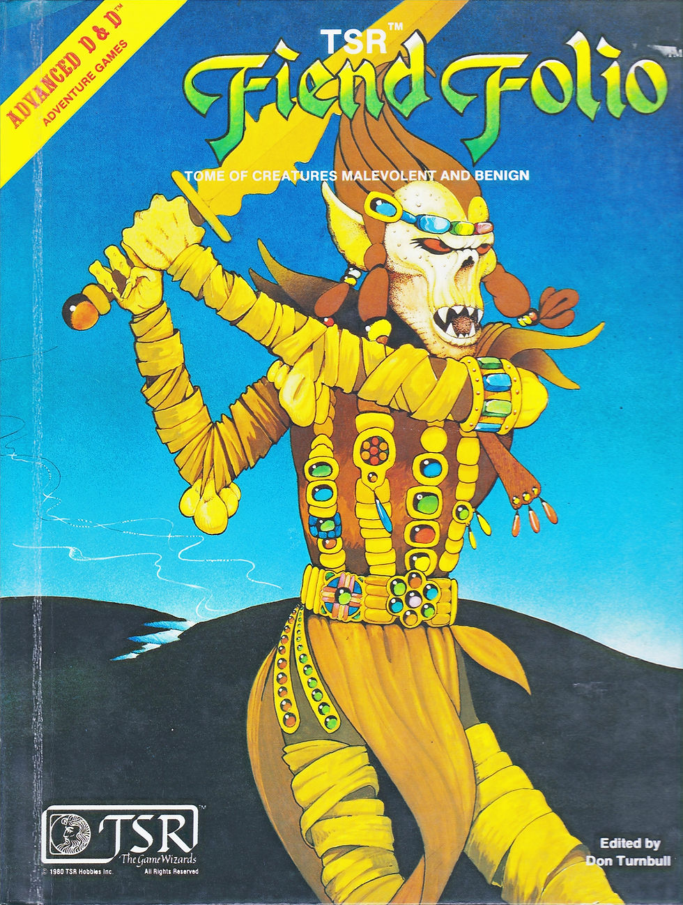 A githyanki in ornate armor holding a sword on the cover of "Fiend Folio." Bright colors and text on a blue background.