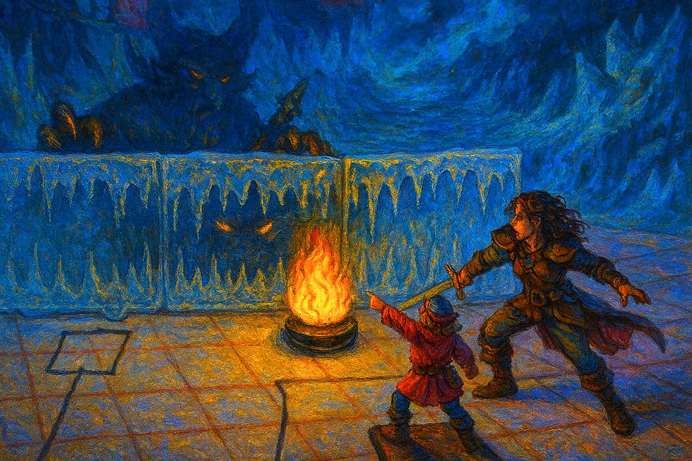 Two adventurers confront a shadowy creature behind ice in a cave. A bright fire illuminates the scene, contrasting with the icy blue walls.