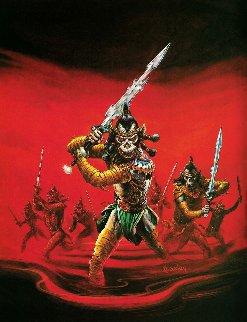 Warriors with ape-like faces wield jagged swords in a dynamic pose. The vivid red background enhances the dramatic, intense scene.