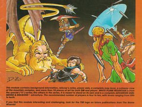 D&D module cover: heroes battle a dragon, with magic and weapons. Title: "White Plume Mountain." Orange background, detailed fantasy art.