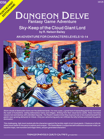 Cover art for Sky-Keep of the Cloud Giant Lord, a First Edition fantasy role-playing adventure featuring cloud giants battling adventurers inside a floating fortress.
