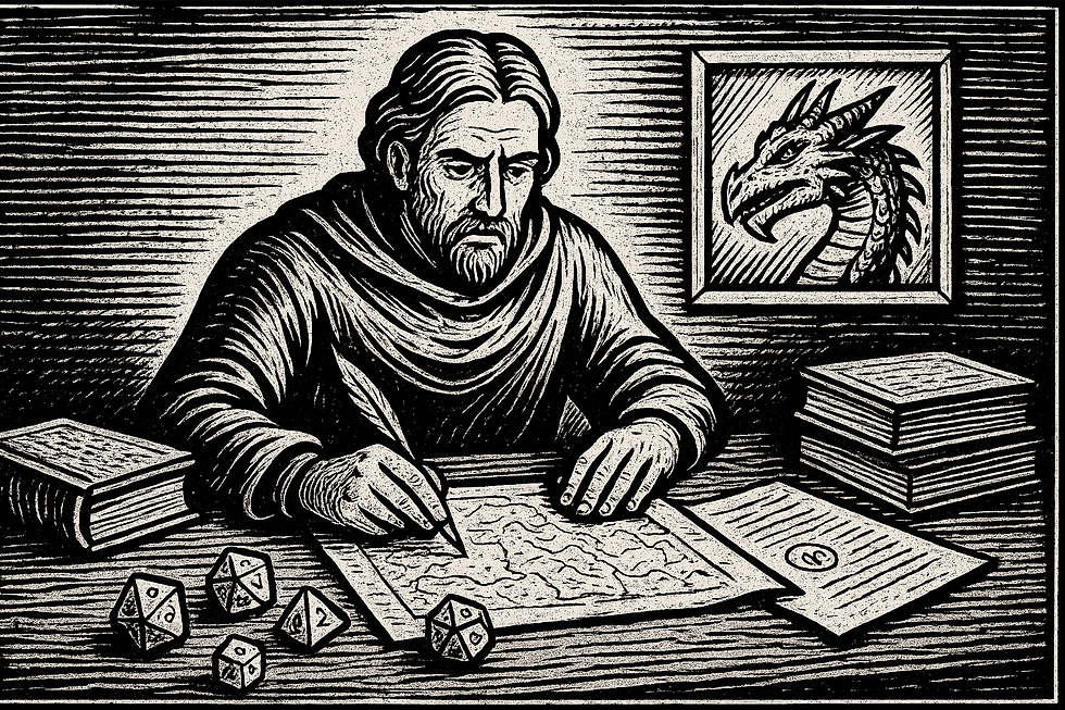 A Dungeon Master writes on a map at a wooden table, surrounded by dice and books. A dragon portrait hangs behind. Black-and-white woodcut style.