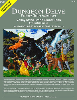 Cover image for Dungeon Delve: Valley of the Stone Giant Clans, showing adventurers battling stone giants and a cave bear in a mountain valley beside a waterfall. One robed figure casts a glowing spell while fighters and archers face the giants’ raised clubs. A yellow corner banner reads “For the First Edition Game.”