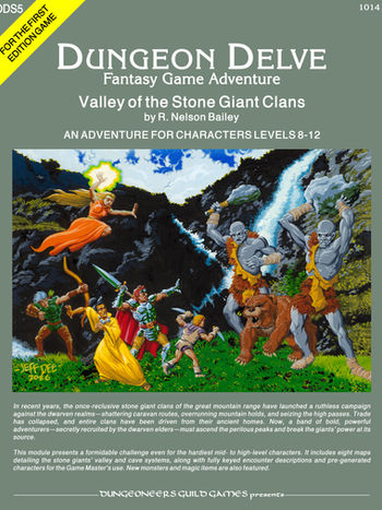 Cover art for Valley of the Stone Giant Clans, a First Edition fantasy role-playing adventure featuring stone giants battling adventurers in a mountain valley.