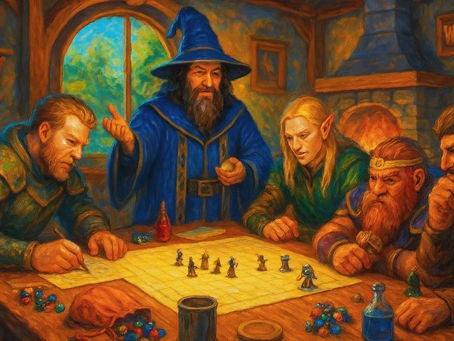 A wizard and adventurers play Dungeons & Dragons in a cozy room. A "Welcome" sign hangs on the wall. The mood is intense and focused.