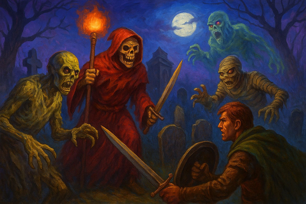 Skeletons, zombies, and ghouls advance menacingly in a dark cemetery. Moonlit sky, eerie blue tones, bare trees in background.