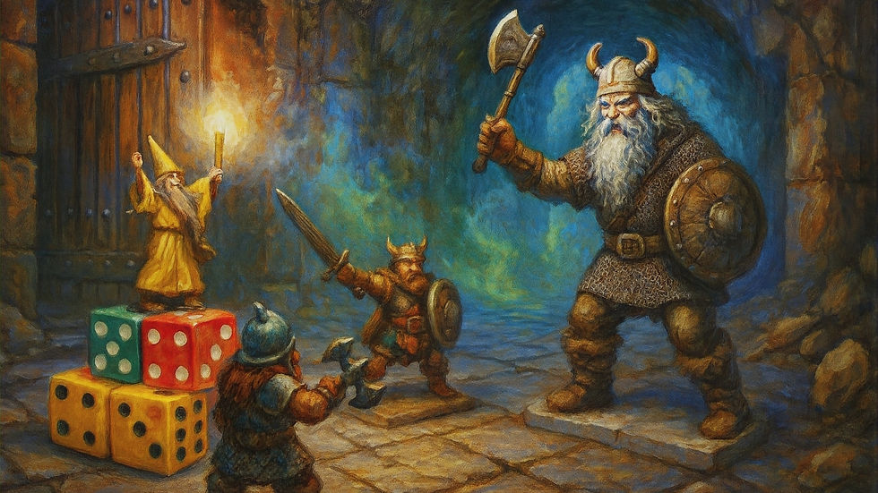 Warriors face a giant Viking with an axe in a dim cave. Bright dice stack behind a wizard holding a torch, setting an adventurous mood.
