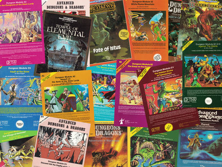 Collage of colorful Advanced Dungeons & Dragons module covers with dragons, wizards, dungeons, and titles like Temple of Elemental Evil.