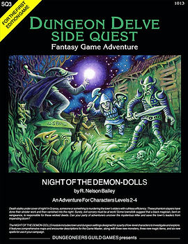 Cover image for Dungeon Delve Side Quest: Night of the Demon-Dolls, showing adventurers in a moonlit village confronting small demon-like dolls. A wizard casts a glowing spell from a gravestone while armored warriors fight near a cottage, with bones and eerie figures in the grass. A yellow corner banner reads “For the First Edition Game.”