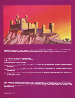 A castle on a hill under a sunset. Purple background with text listing Dungeons & Dragons products, including modules and sheets. ISBN shown.