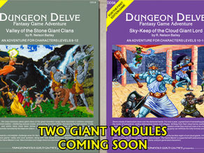 Two Dungeon Delve fantasy adventure module covers displayed side by side on a blue map-pattern background. The left cover, “Valley of the Stone Giant Clans,” shows adventurers battling gray stone giants in a mountain valley; the right cover, “Sky-Keep of the Cloud Giant Lord,” shows adventurers fighting blue-skinned cloud giants inside a stone hall. A gold Dungeoners Guild Games seal appears in the lower right.
