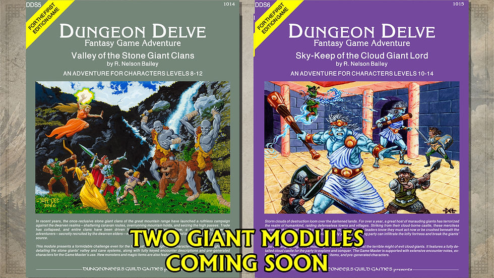 Two Dungeon Delve fantasy adventure module covers displayed side by side on a blue map-pattern background. The left cover, “Valley of the Stone Giant Clans,” shows adventurers battling gray stone giants in a mountain valley; the right cover, “Sky-Keep of the Cloud Giant Lord,” shows adventurers fighting blue-skinned cloud giants inside a stone hall. A gold Dungeoners Guild Games seal appears in the lower right.
