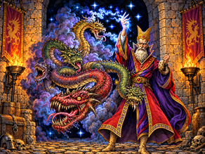 Bearded illusionist in a stone castle raises a spell as a five-headed dragon erupts in smoke and lightning, torches blazing.