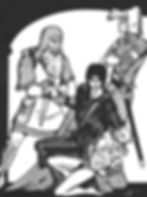 D&D scene with three armored figures; one kneels holding a goblin. Black and white illustration, with intense, determined expressions.