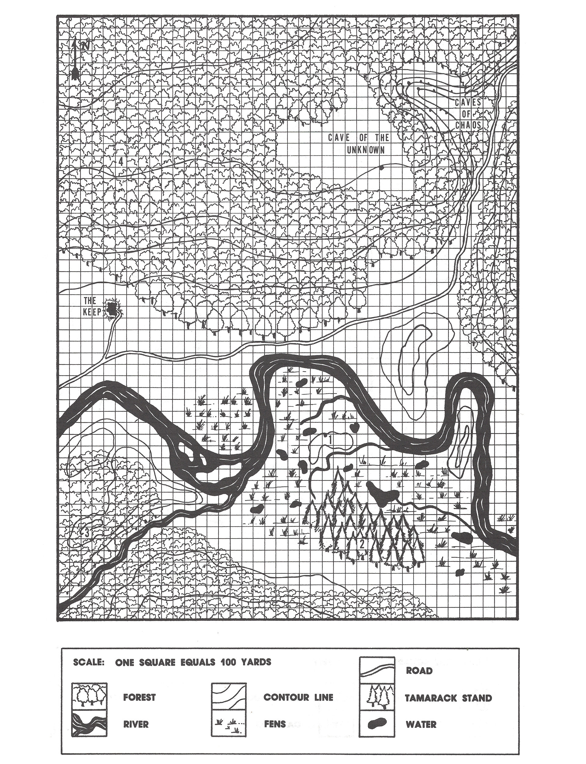 Grid map featuring forests, rivers, and roads labeled with "Cave of the Unknown" and "Caves of Chaos." Includes legend for symbols.