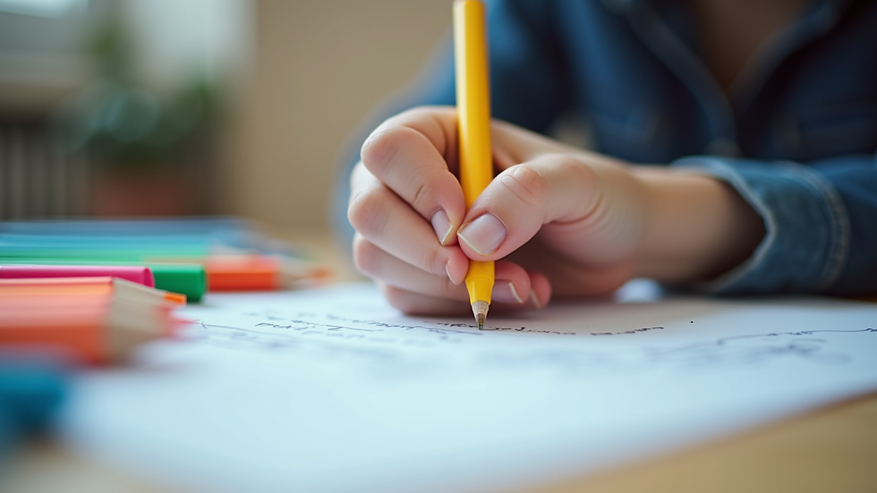 Close-up view of a student writing notes with colorful markers