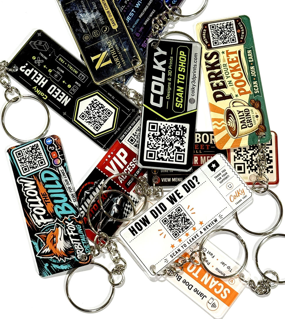 Mixed assortment of custom logo, QR code, promotional, and loyalty keychains